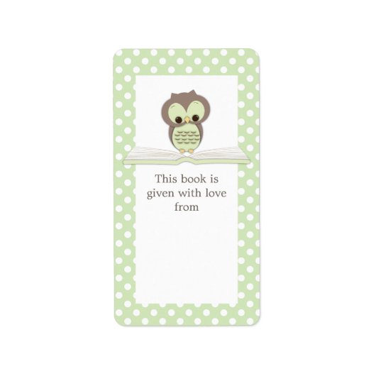 Groene Baby Uil op Boek Gift Bookplate Label (Voorkant)