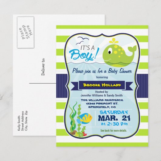 Groene Baby Whale, Jongen Baby shower Uitnodiging (Voorkant / Achterkant)