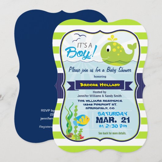 Groene Baby Whale, Jongen Baby shower Uitnodiging (Voorkant / Achterkant)