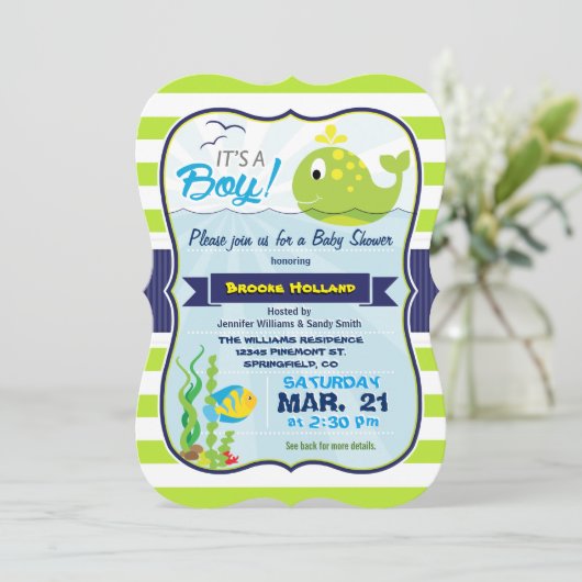 Groene Baby Whale, Jongen Baby shower Uitnodiging (Staand voorkant)