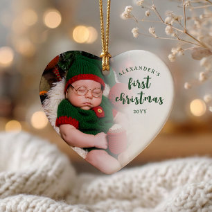 Groene Baby's Eerste Kerst Foto Hart Keramisch Ornament