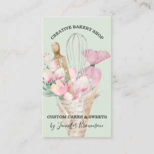 Groene bakkerij Pastry Chef Roze Flowers Boho Visitekaartje