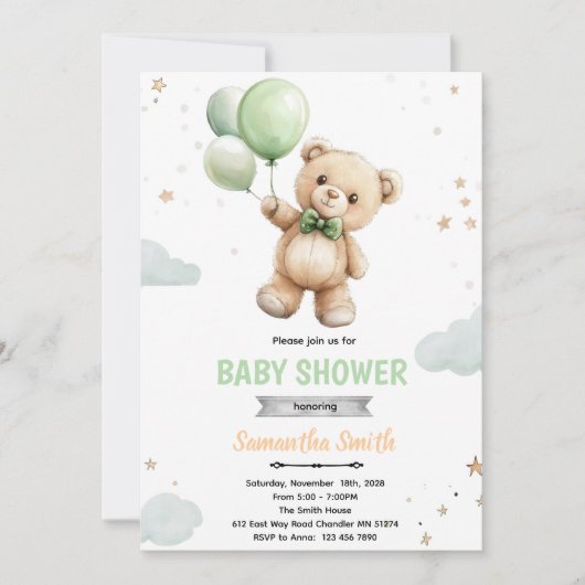 Groene ballon beer baby shower uitnodiging (Voorkant)