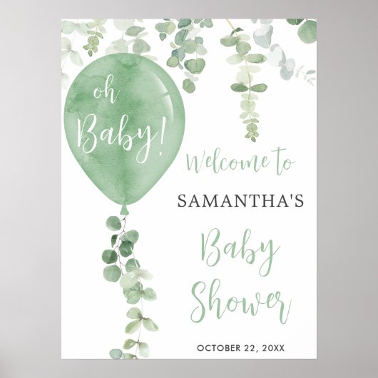 Groene ballon eucalyptus baby shower welkomstteken poster (Voorkant)