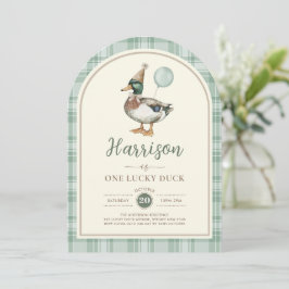 Groene ballon One Lucky Duck Gingham 1e verjaardag Kaart