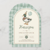 Groene ballon One Lucky Duck Gingham 1e verjaardag Kaart (Voorkant / Achterkant)