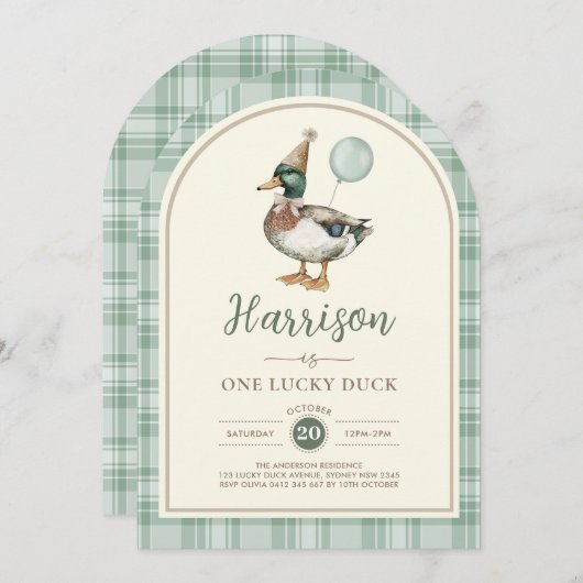 Groene ballon One Lucky Duck Gingham 1e verjaardag Kaart (Voorkant / Achterkant)