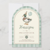 Groene ballon One Lucky Duck Gingham 1e verjaardag Kaart (Voorkant)