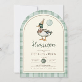 Groene ballon One Lucky Duck Gingham 1e verjaardag Kaart