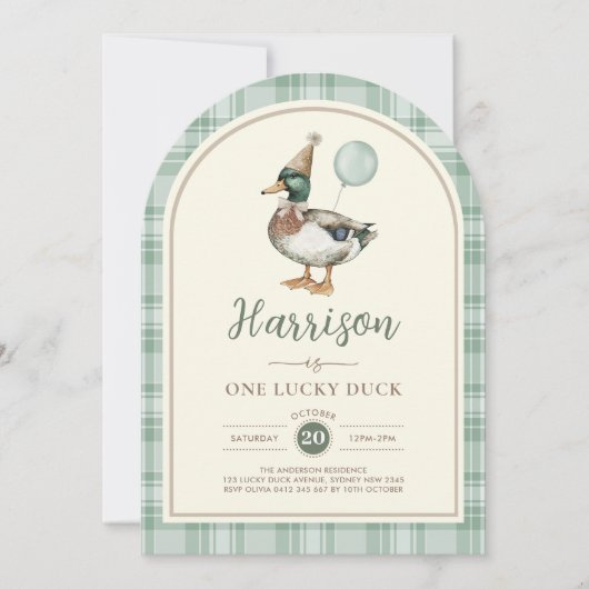 Groene ballon One Lucky Duck Gingham 1e verjaardag Kaart (Voorkant)