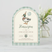 Groene ballon One Lucky Duck Gingham 1e verjaardag Kaart (Staand voorkant)