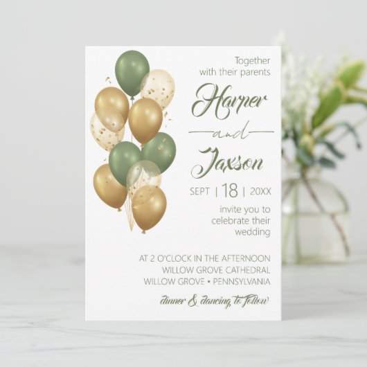 Groene ballonnen. Elegant bruiloft Uitnodiging (Staand voorkant)