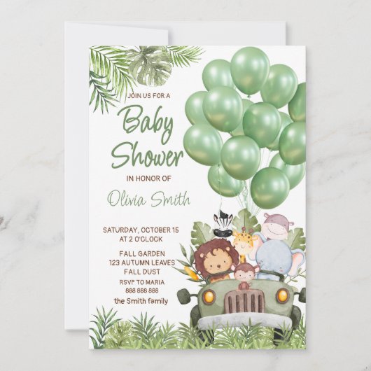 Groene ballonnen Safari Animals Baby shower Kaart (Voorkant)