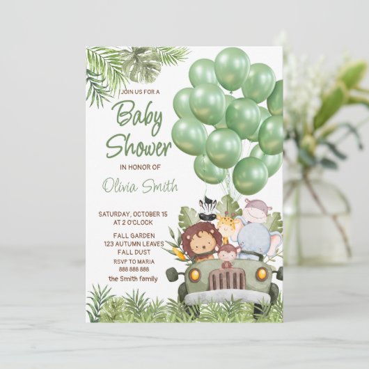 Groene ballonnen Safari Animals Baby shower Kaart (Staand voorkant)