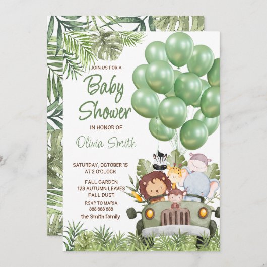 Groene ballonnen Safari Animals Baby shower Kaart (Voorkant / Achterkant)
