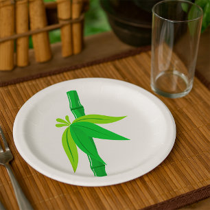 Groene bamboe stengel met tropische bladeren papieren bordje