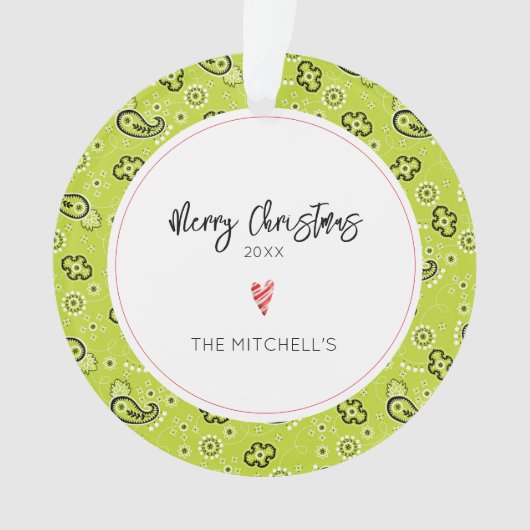 Groene Bandana Patroon NAAM Jaarlijkse Kerstmis Ornament (voorkant)