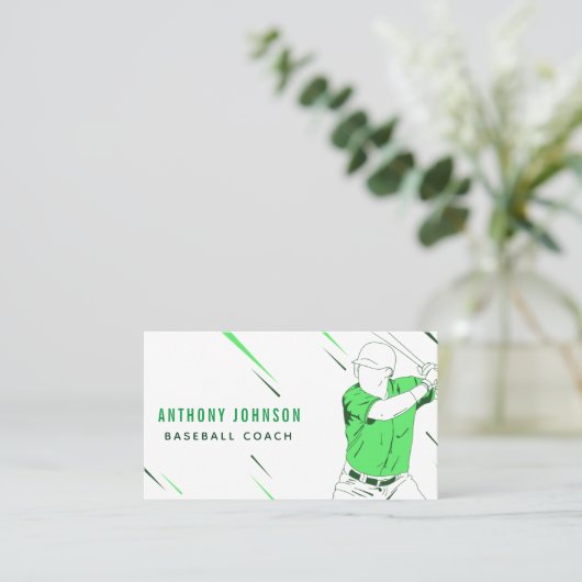 Groene Baseball Player Coach in Motion Silhouette Visitekaartje (Staand voorkant)