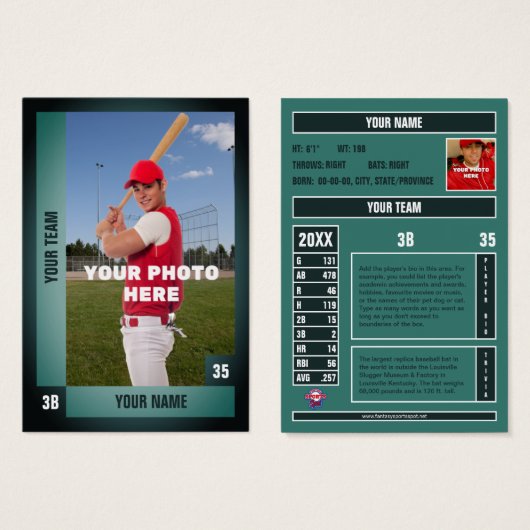 Groene Baseball Trading Kaart  Stats (Voorkant /achterkant)