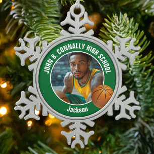 Groene Basketbalspeler Foto Aandenken Cadeau Tin Sneeuwvlok Ornament