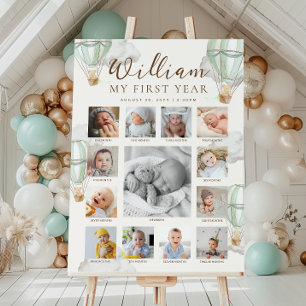 Groene Beary Eerste Verjaardag Foto Tijdlijn Poster