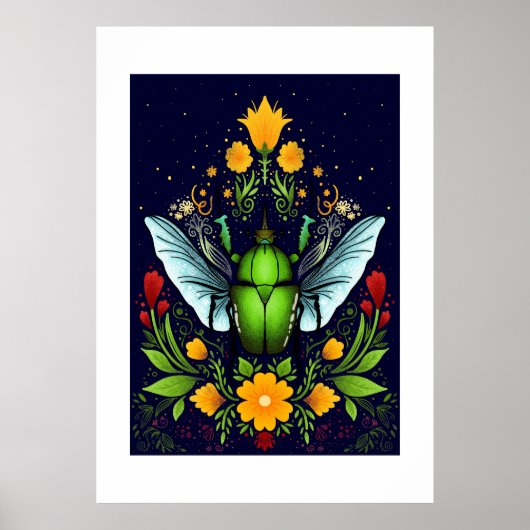 Groene beatle met vlieg en bloemen poster (Voorkant)
