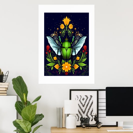 Groene beatle met vlieg en bloemen poster (Thuiskantoor)