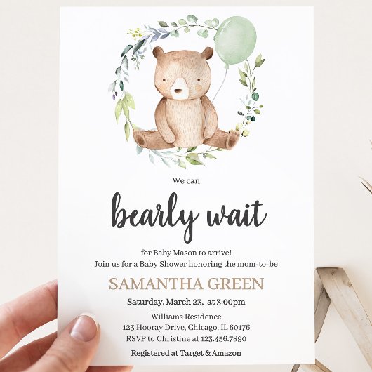 Groene Beer Baby Shower Kaart