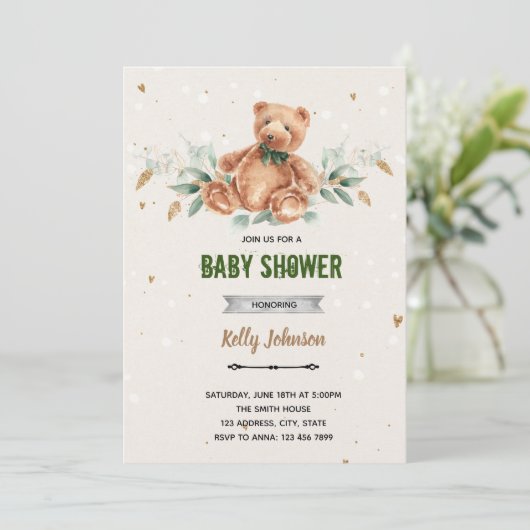 Groene beer baby shower verjaardagsuitnodiging kaart (Staand voorkant)