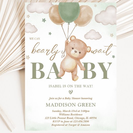 Groene Beer Ballon Baby Shower Kaart