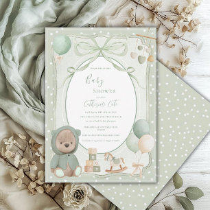 Groene Beer met Speelgoed Vintage Baby Shower Kaart