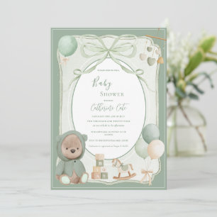 Groene Beer met Speelgoed Vintage Baby Shower Kaart