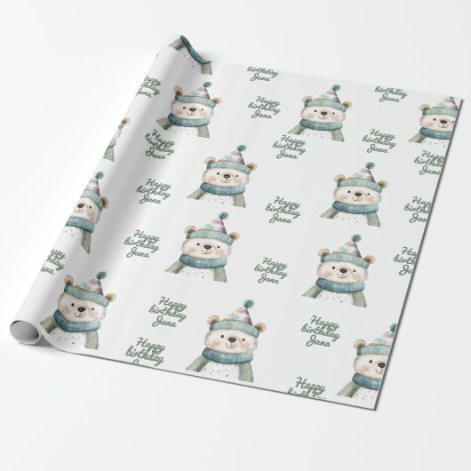 Groene Beer Verjaardag | Winter Wonderland Party Cadeaupapier (Uitgerold)