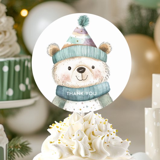 Groene Beer Verjaardag | Winter Wonderland Party Ronde Sticker