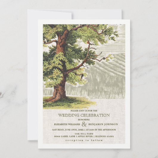 Groene beige  eikenboom Burlap Wedding Kaart (Voorkant)