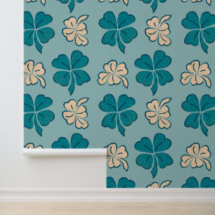 Groene Beige Klaver Shamrock Hand getrokken patroo Behang