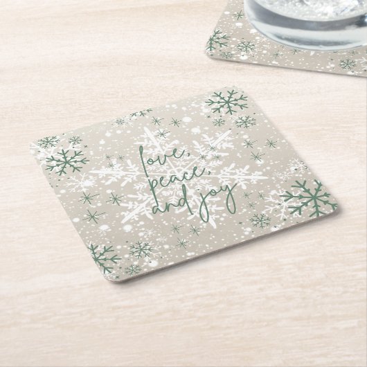 Groene beige sneeuwvlokken houden van Peace Joy Ho Kartonnen Onderzetters (Schuin)