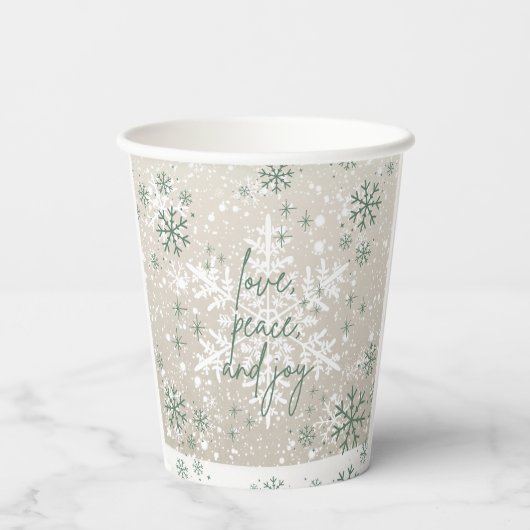 Groene beige sneeuwvlokken houden van Peace Joy Ho Papieren Bekers (Achterkant)