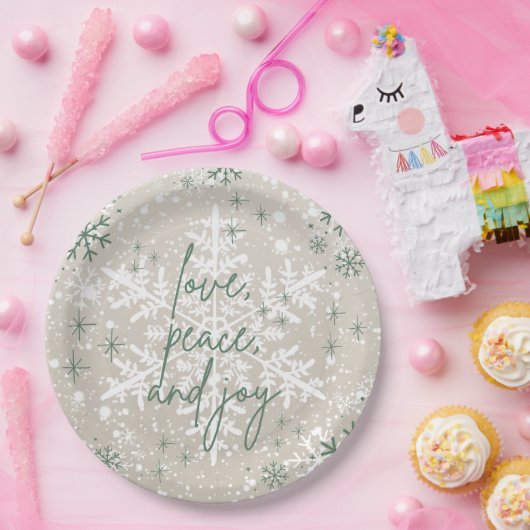 Groene beige sneeuwvlokken houden van Peace Joy Ho Papieren Bordje (Feest)