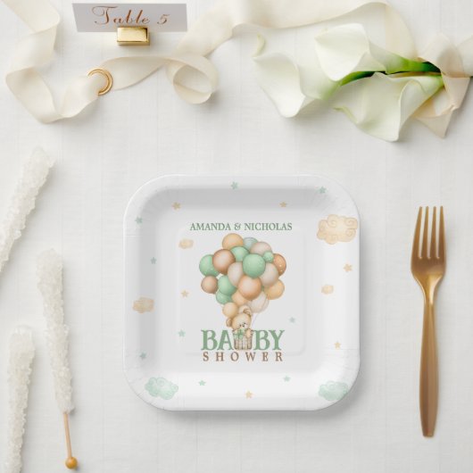 Groene Beren ballonnen Bow Baby shower Papieren Bordje (Huwelijk)