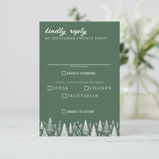 Groene Berg Bruiloft Voedsel Keuzen RSVP Kaartje (Staand voorkant)