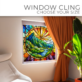 Groene berg en rivier Glas-in-lood kunst Raamsticker