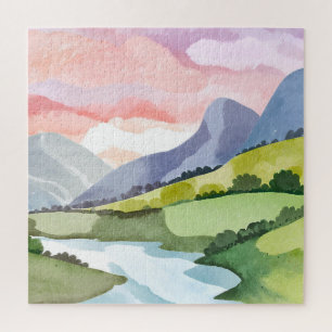 Groene berghelling zonsopgang Waterverf Legpuzzel