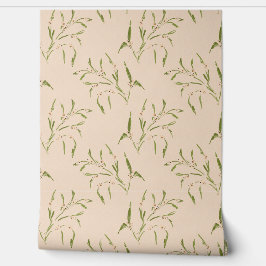 Groene bessen en takken Botanische crème perzik Behang