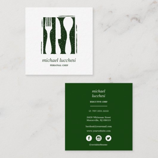 Groene Bestek Chef Catering Restaurant Sociaal ico Vierkante Visitekaartje (Voorkant / Achterkant)