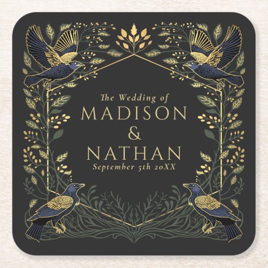 Groene betoverde Gotische Raven Bloemenbruiloft Kartonnen Onderzetters (Voorkant)