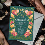 Groene Betoverde Tuin Bloemen Quinceanera Kaart<br><div class="desc">Vier uw Quinceañera in een betoverde tuin! Deze uitnodiging is voorzien van een weelderig lijst van roze en oranje bloemen met gouden accenten tegen een groene achtergrond, wat een vleugje magie toevoegt aan uw speciale dag. Personaliseer het om aan uw behoeften te voldoen. Let op: het goud op dit product...</div>