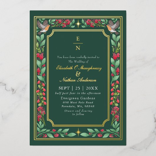 Groene betoverende botanische bloementuin bruiloft folie uitnodiging (Voorkant)