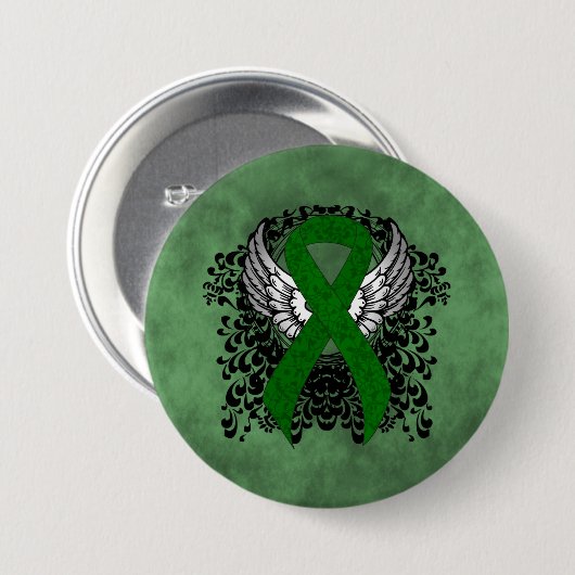Groene Bewustmakingslint met Wings Ronde Button 7,6 Cm (Voorkant /achterkant)