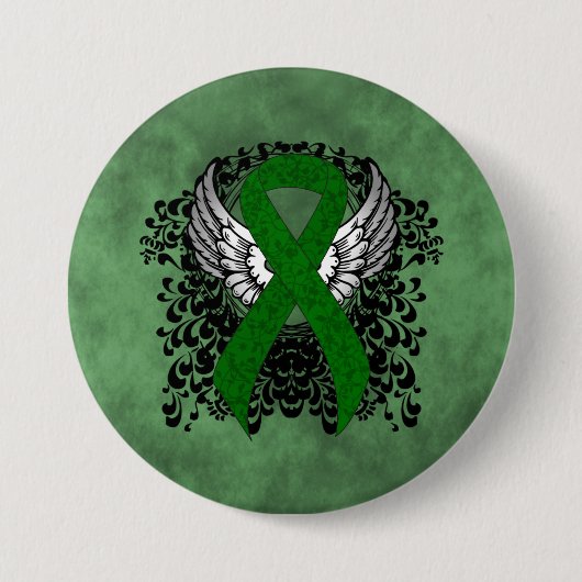 Groene Bewustmakingslint met Wings Ronde Button 7,6 Cm (Voorkant)